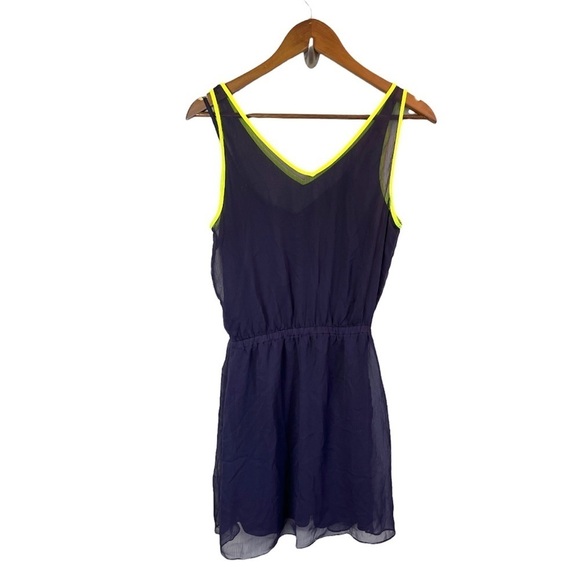 Express navy blue and neon yellow sheer skater dress medium - Picture 1 of 3